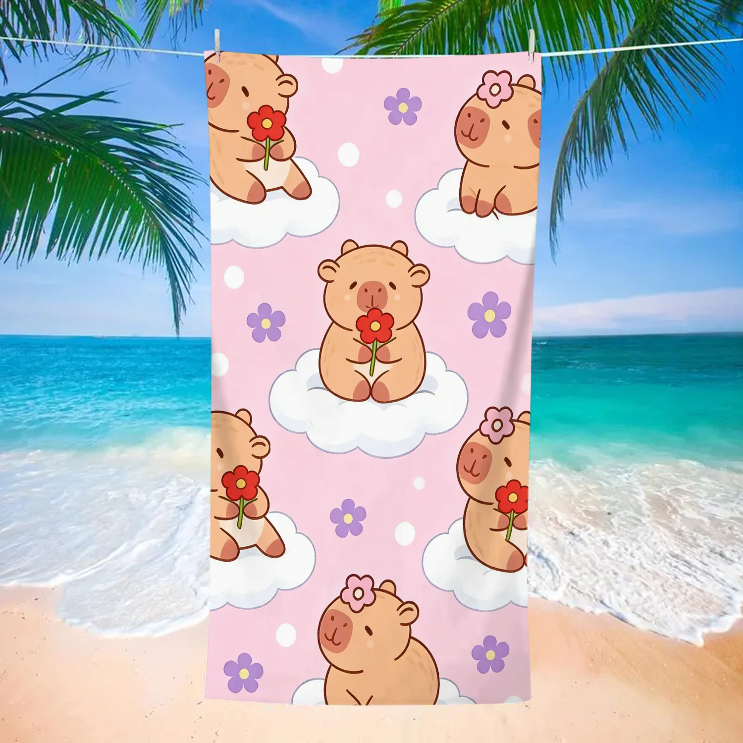 Oversized Beach Towel - Ultra-soft Microfiber, Highly Absorbent & Quick-drying, Vibrant Vintage Cartoon Capybara Beach Towel