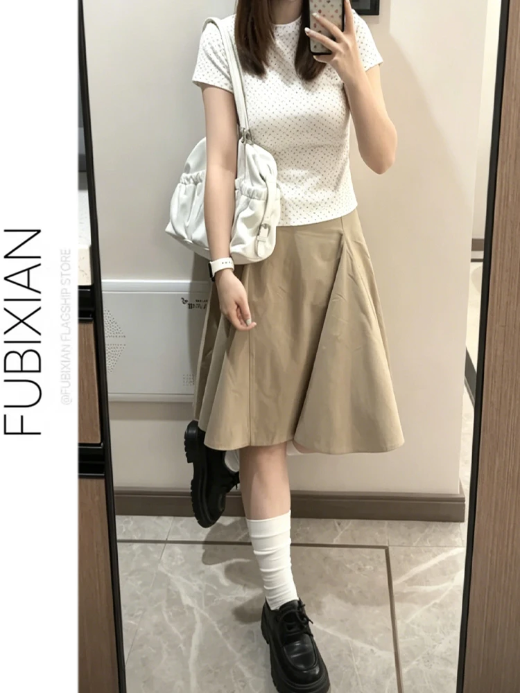 Khaki A-Line  Skirt 2026 New Summer Elegant Casual Simple Commute Design Sense Women's Skirt High Waist Cotton Blend
