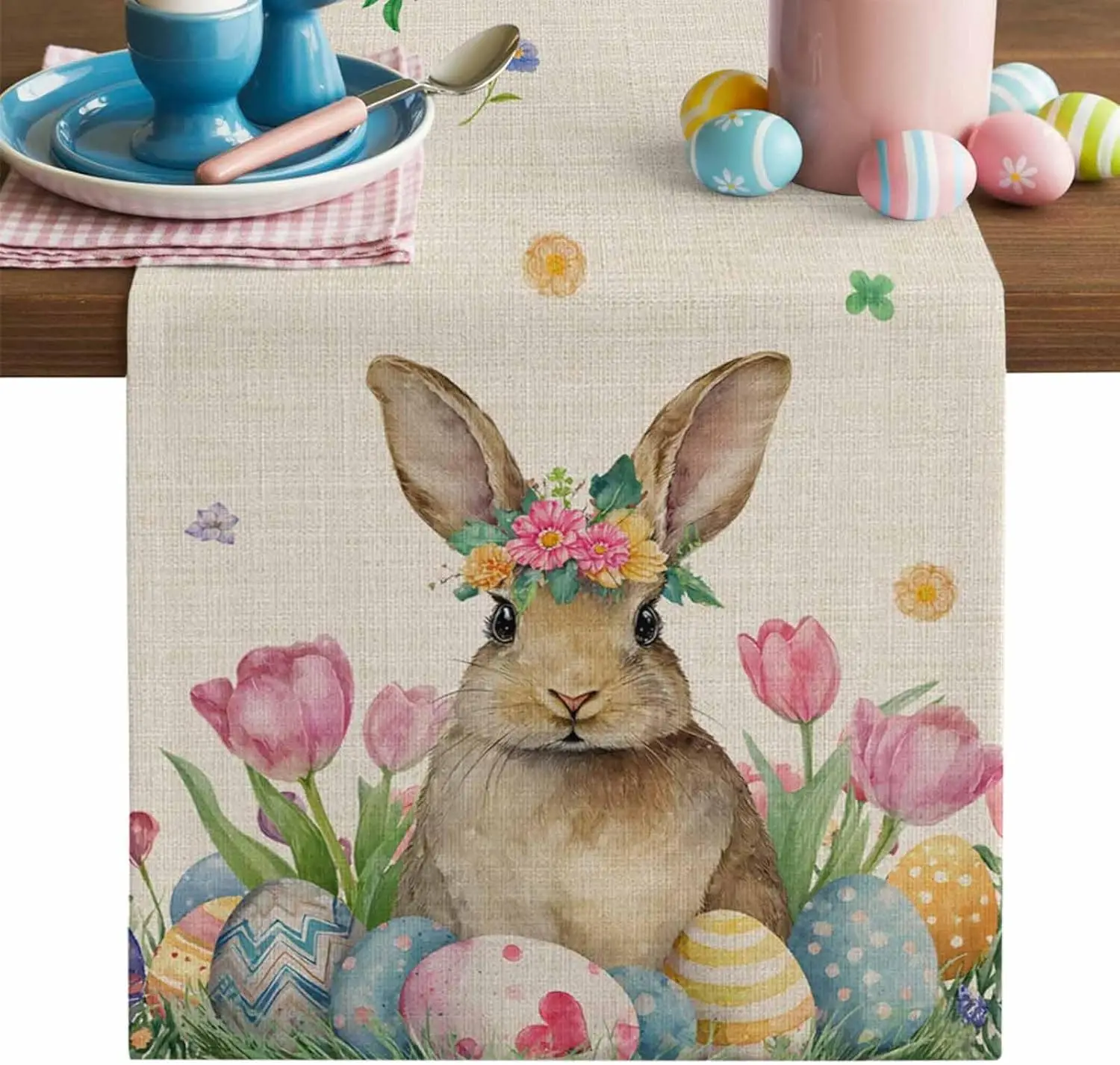 

Пасхальная льняная дорожка на стол с цветами и кроликами, многоразовая, для кухни и столовой, декор для вечеринок, пасхальные украшения