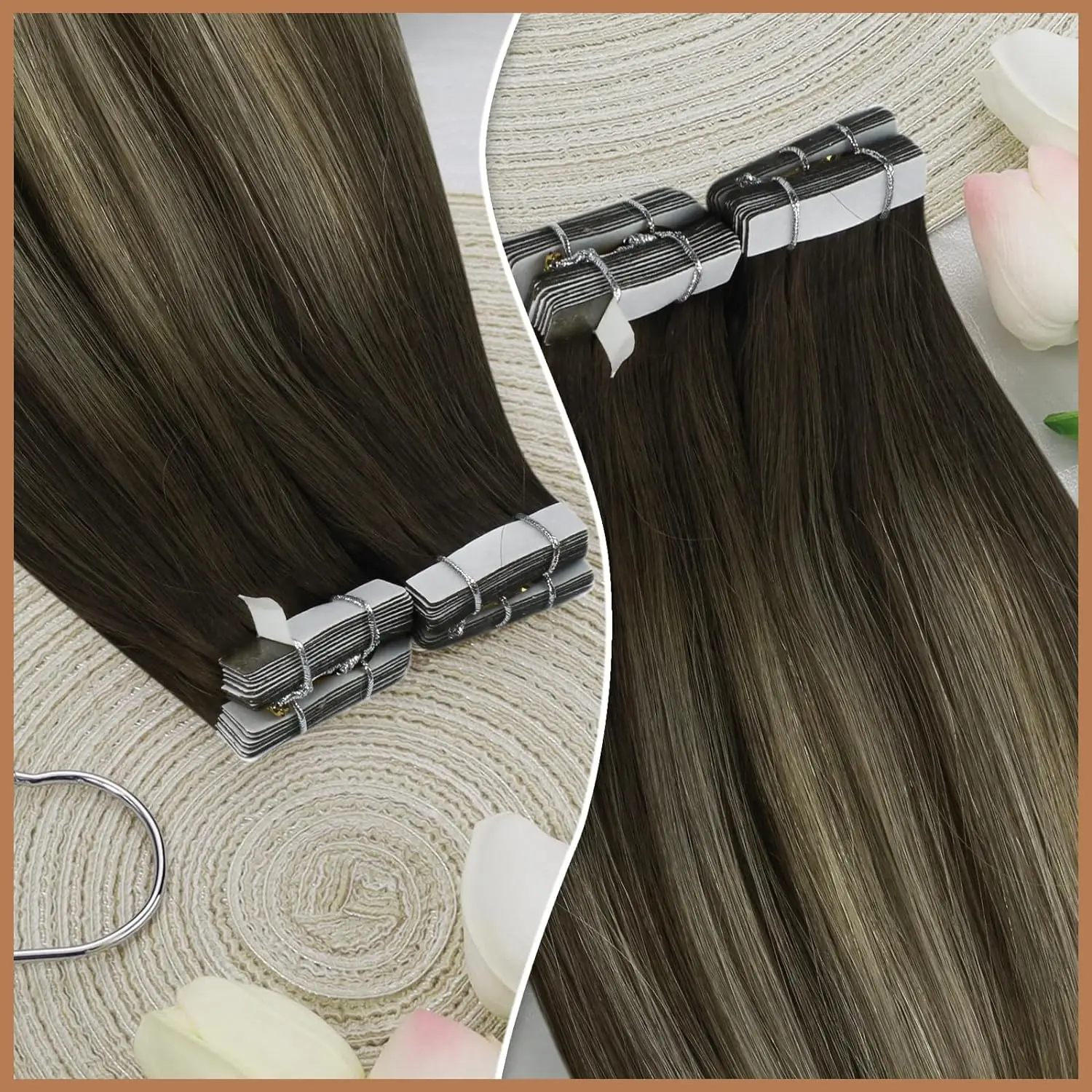 [NEW]VeSunny Tape In Hair Extensions Human Hair Real Natural Hair Balayage Color #4-14-60 Skin Weft Straight Seamless Hair