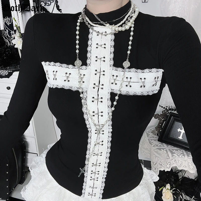 

Goth Dark Embellished White Cross Long Sleeve T-shirts Mall Goth Harajuku Slim Tops Women Basic Casual Top Tees Gothic Clothes