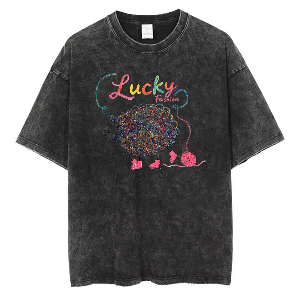 Cute Sheep Yarn Graphic Washed T Shirt Women Cartoon Animal PrintTee Vintage Harajuku Streetwear Casual Short Sleeve Unisex