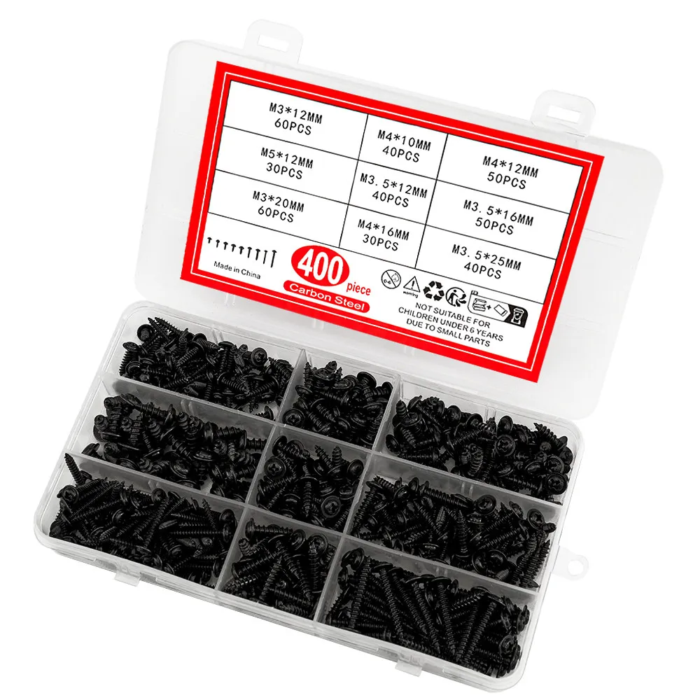 400PCS-M3 M4 M5 Black Steel Small Phillips Pan Head Cross Round Head Self-tapping Screw Set Kit