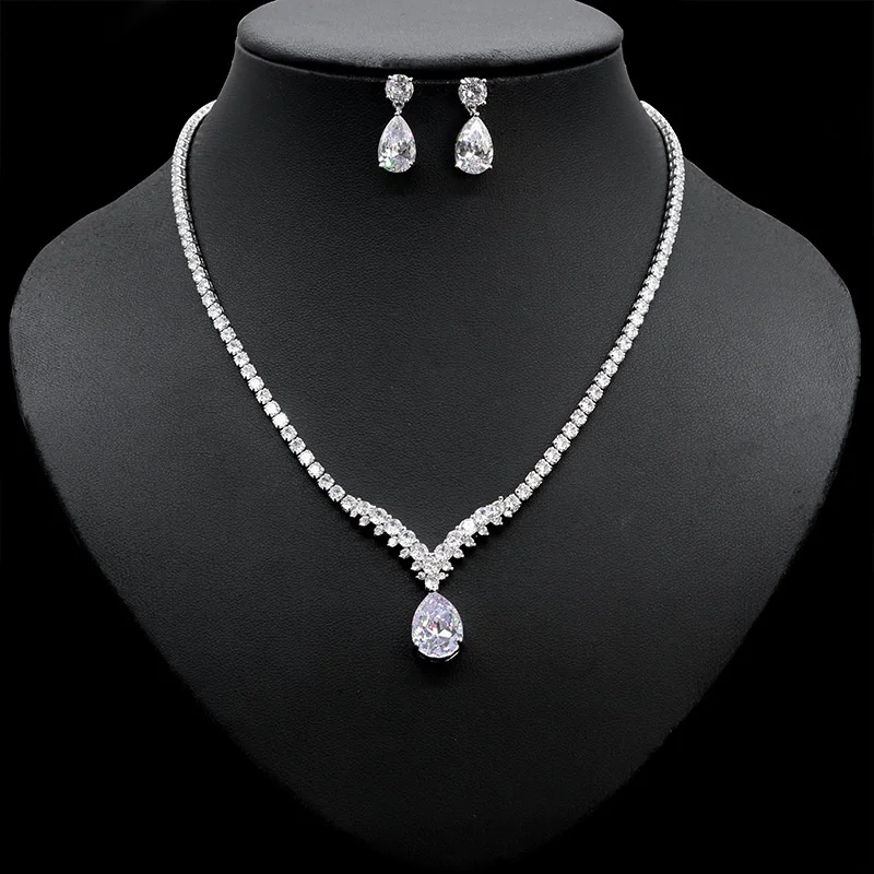 brand genuine Luxury real jewels Korean version zircon ins style necklace, female versatile earring two-piece set, accessories,