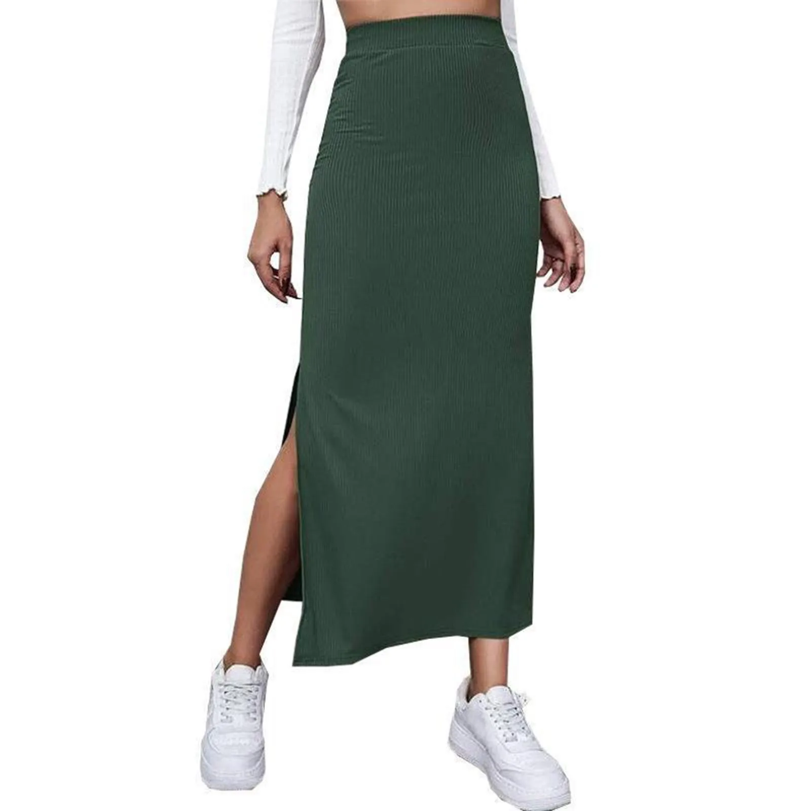 Women Solid Color Long Skirts High Waist Bodycon Straight Split Skirt Korean Fashion Elegant Skirts for Summer Autumn Harajuku