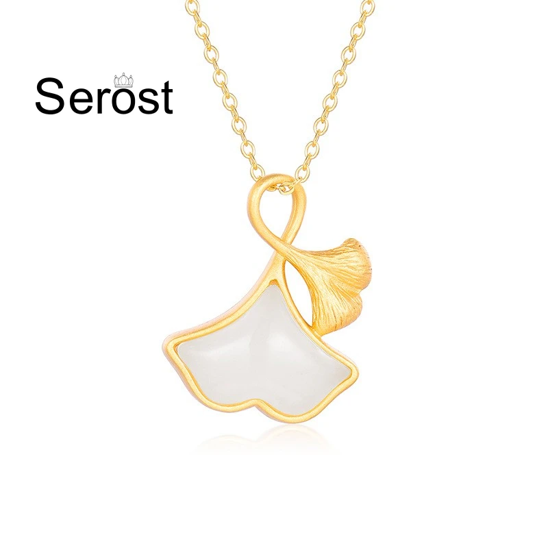 SEROST S925 Silver Inlaid Natural Hetian Jade Gingko Necklace