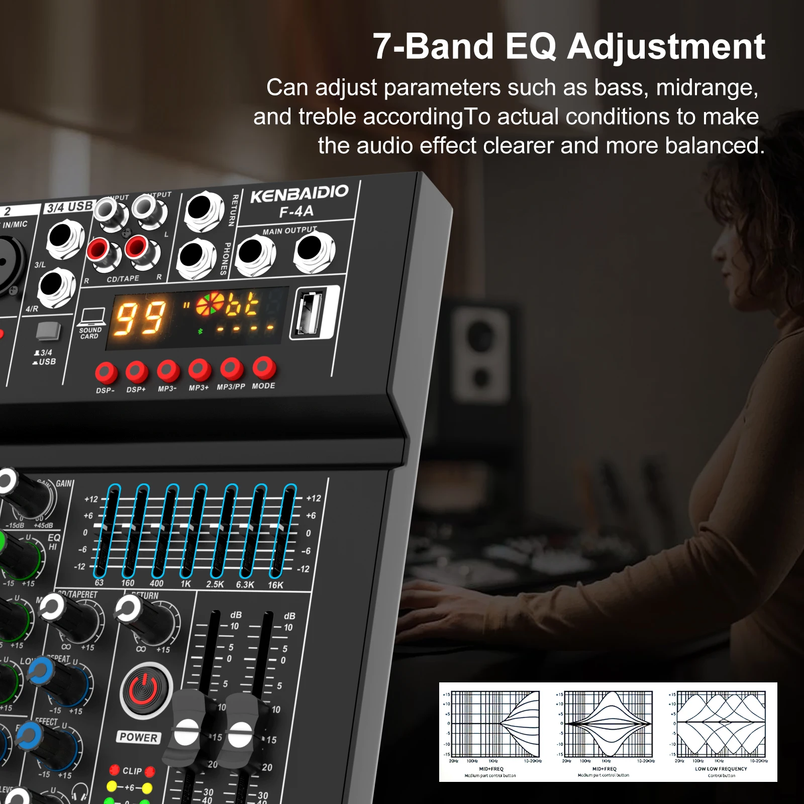 KENBAIDIO 4 Channel Audio Mixer 99 DSP, 7-Band EQ, 48V Phantom Power, USB Bluetooth MP3 Input DJ Controller Mixing for Karaoke - view 4