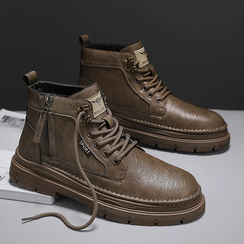 2025 Winter Mens Casual Shoes Solid Colour Comfortable Ankle Boots Outdoor Wear-resistant Anti Slip High Top Sports Man Footwear