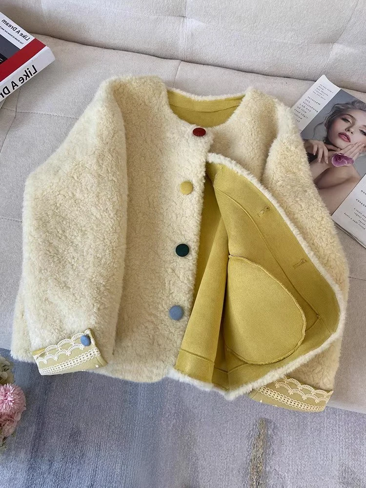 

Ретро-куртка из овечьего меха с цветными вставками, круглый вырез, верхняя одежда для мужчин и женщин, весна-осень, универсальная, стильная, китайский бренд