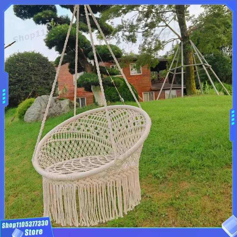 Nordic Cotton Rope Hanging Chair Indoor Outdoor Woven Swing Basket with Fringe Lazy Bed for Home Decor Ins Style Furniture