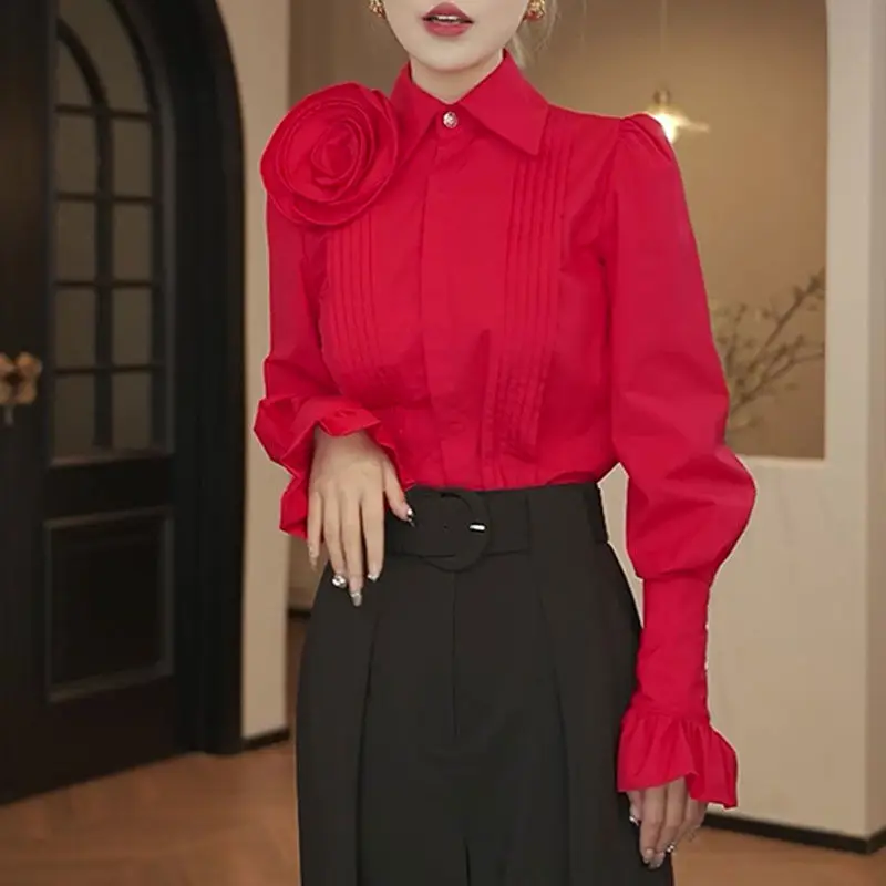 French  design three-dimensional rose red long-sleeved shirt women's 2025 spring foreign style high-end temperament top