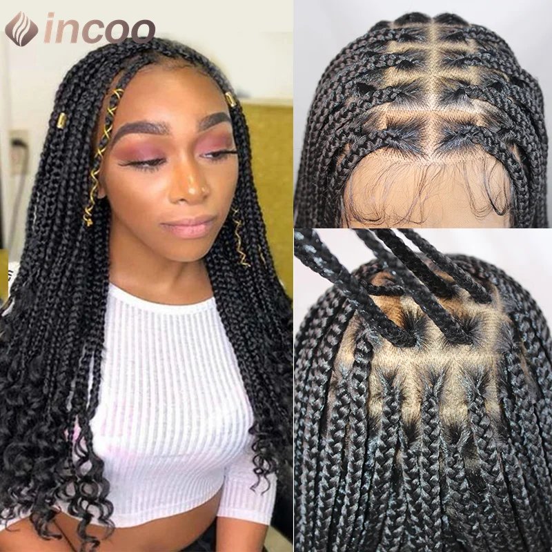 

18" Synthetic Full Lace Wigs French Curly Box Braided Wigs for Black Women Goddess Boho Locs Braided Wig Bohemian Box Braid Wig