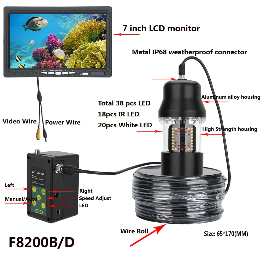 7 Inch 50m Underwater Fishing Video Camera Fish Finder 360 Degree Rotating Fishing Camera With IP68 Waterproof 38 LEDs