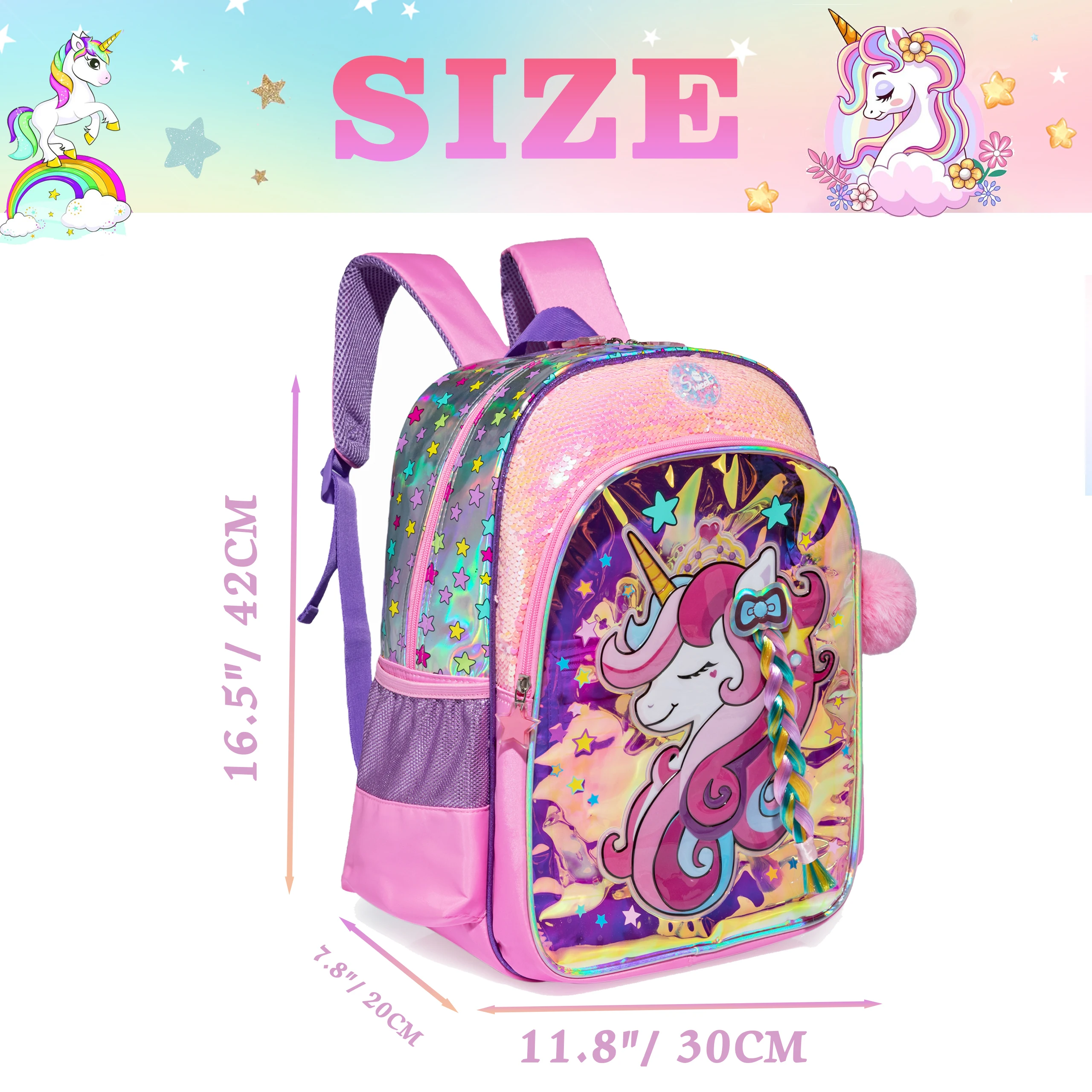 Unicorn School Backpacks for Girls with Lunch Bag Pencil Case Elementary Primary Backpack for Teen Girls