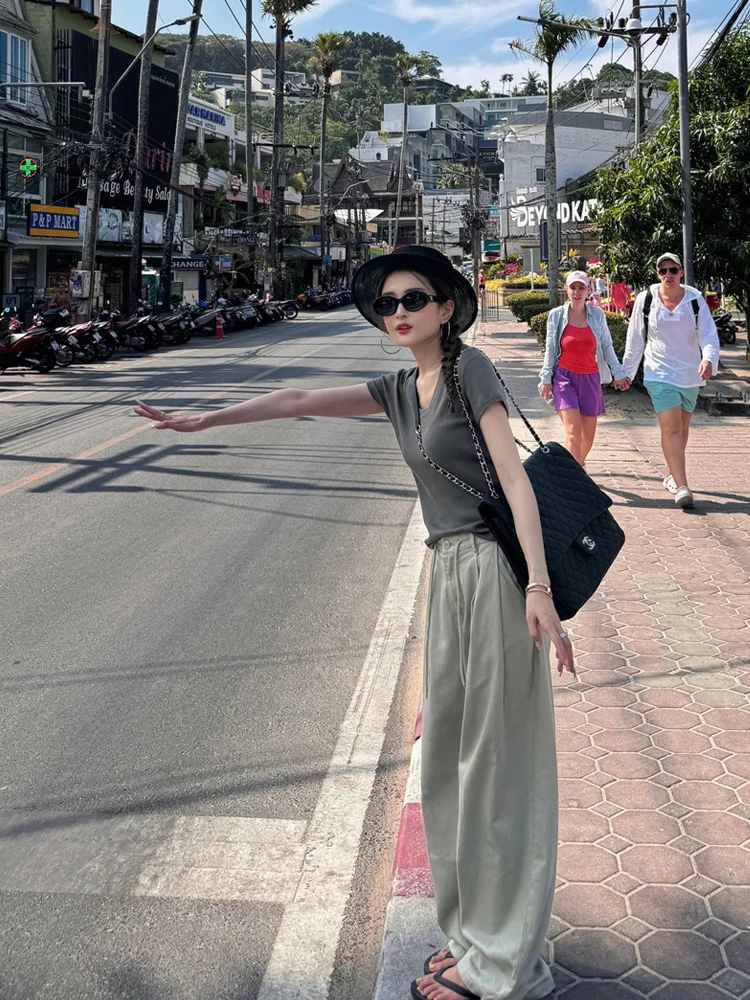 

LADYC Vintage High Waist Wide Leg Casual Pants Women's Faionable Versatile Summer New Arrival Loose Drapey Long Trousers