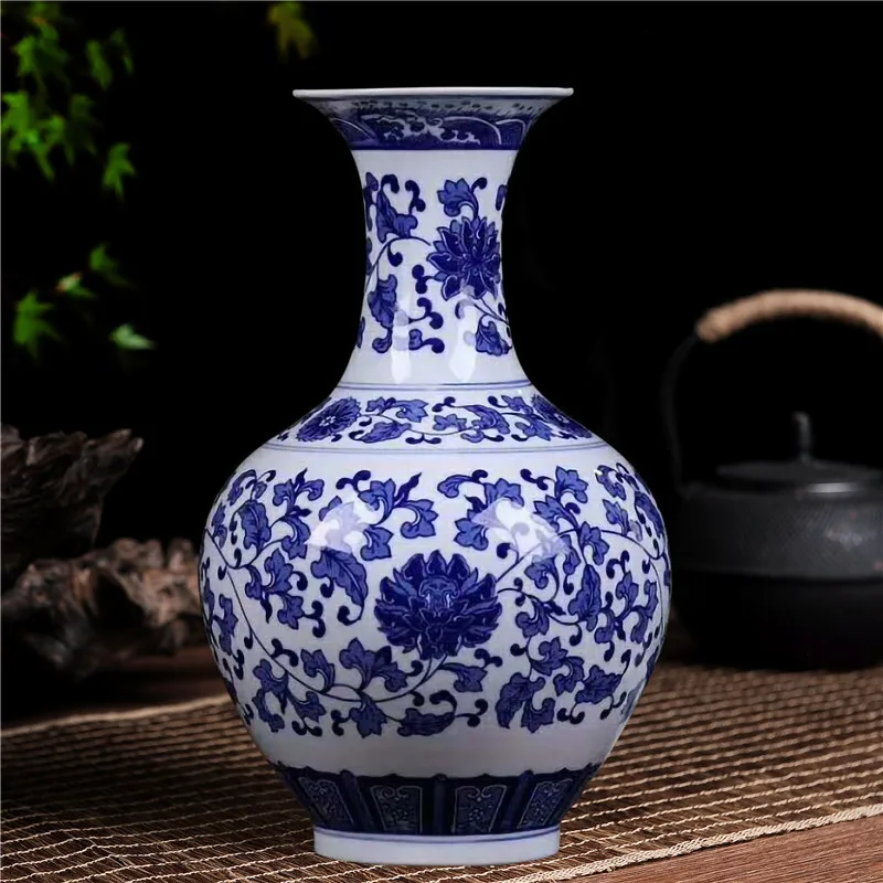 Ceramic chinoiserie blue and white porcelain lotus vase ornament living room bogu shelf entrance flower arrangement decoration