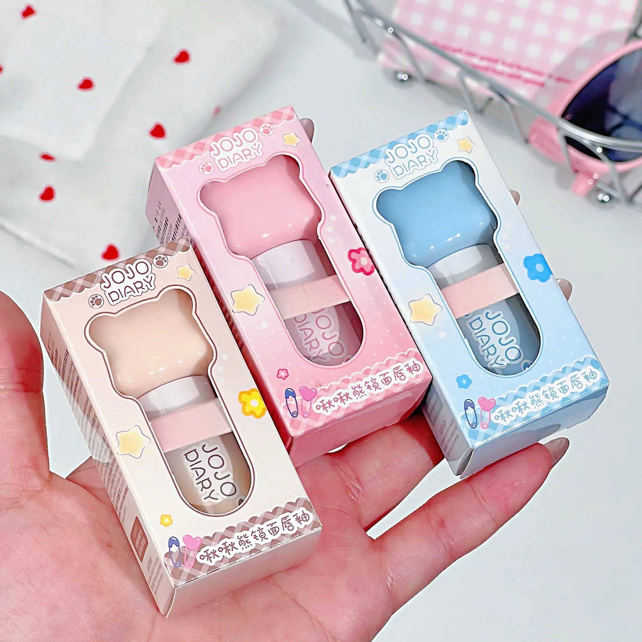 JOJO DAIRY Cute Bear Light-sheer Lip Glaze, 6-color Pendant Watery Glossy Lip Gloss Light Hydrating Moisturizing Lip Gloss