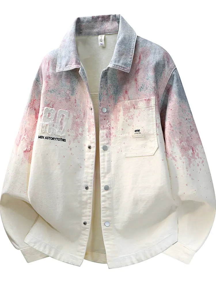 

Spring Autumn Youth American adient Color Printed Flower Cardigan Collar Denim irt Jaet Men Long Sve irt Menswear