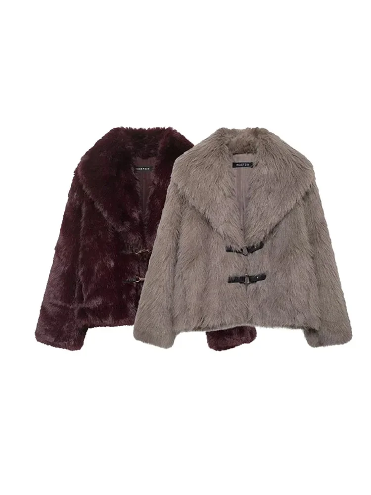 

Female Autumn Winter Faux Fur Jacket Chic Lapel Long Sleeve Single Breasted Coat Vintage Outerwear Brown Fashion