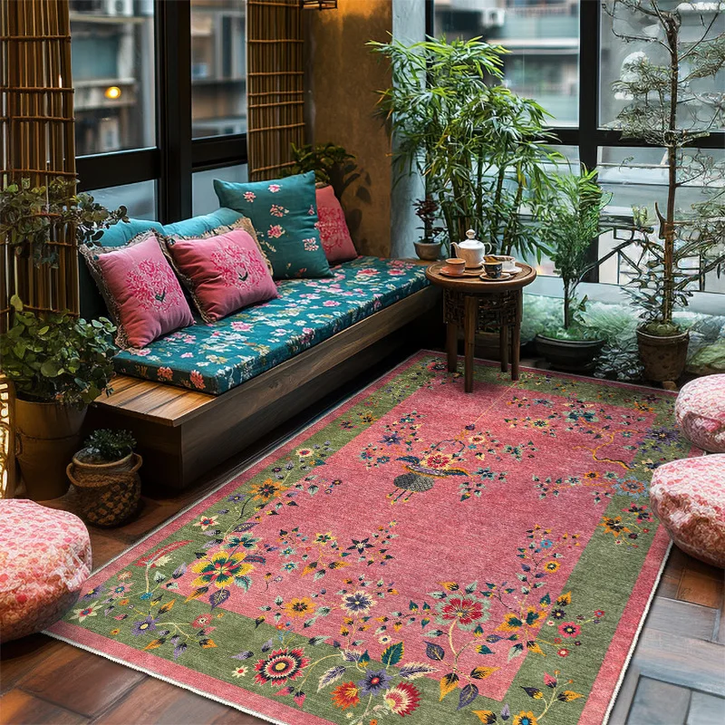 DSA Vintage Classic Floral Pink Pale Green Frame Bedroom Living Room Non-Slip Carpet Floor Mat