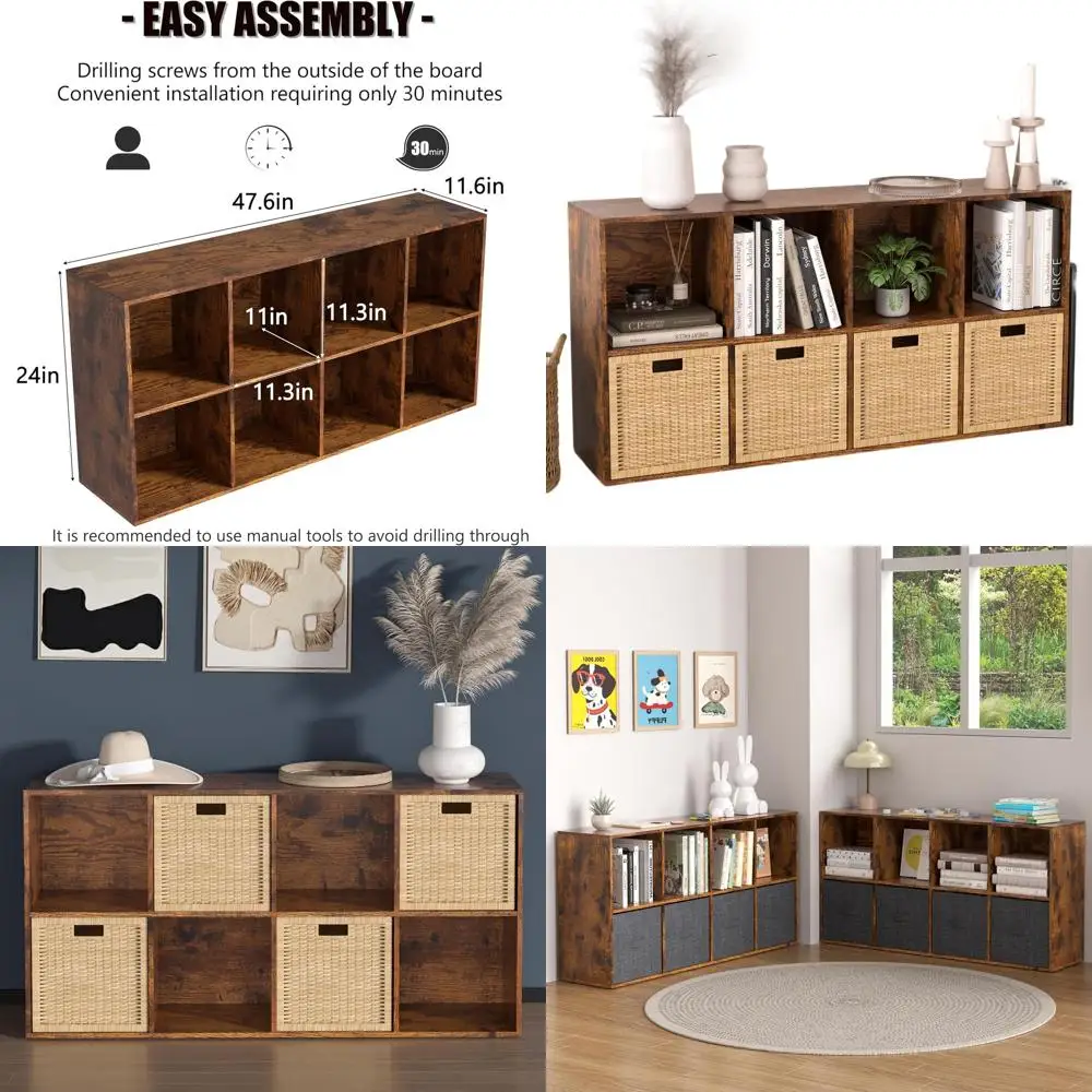 백색 목재 8칸 정리함, 밀폐형 뒷면, 거실 수납 솔루션