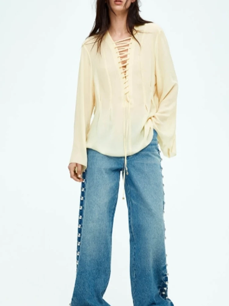 

European and American style women's clothing new French fashion temperament versatile casual lace-up chiffon long-sleeved top