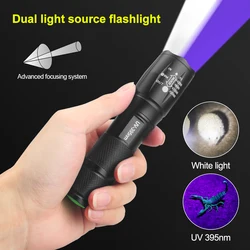 Linterna UV 2 en 1 con zoom, luz blanca y UV, 395nm, púrpura, negra, Detector de orina ultravioleta para escorpiones de captura de orina de mascotas