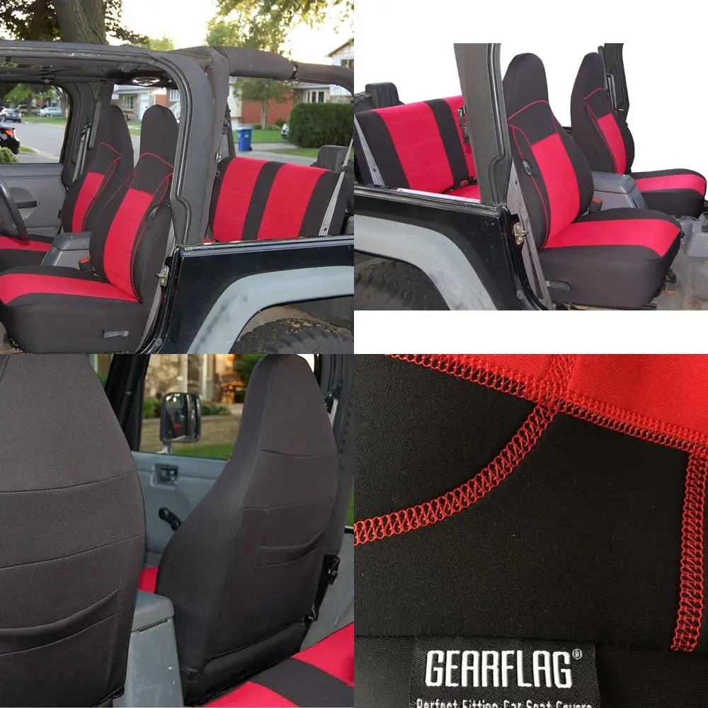 

Неопреновые чехлы на сиденья на заказ для Wrangler TJ 1997-2002 гг. — полный комплект (передняя и задняя часть) — красный/черный