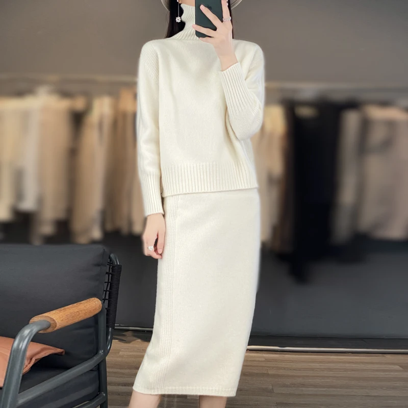 

Women's Cashmere Turtleneck Blouse and Loose Skirt Suit, age-reducing, Knitted, 2-Piece, New, 100%