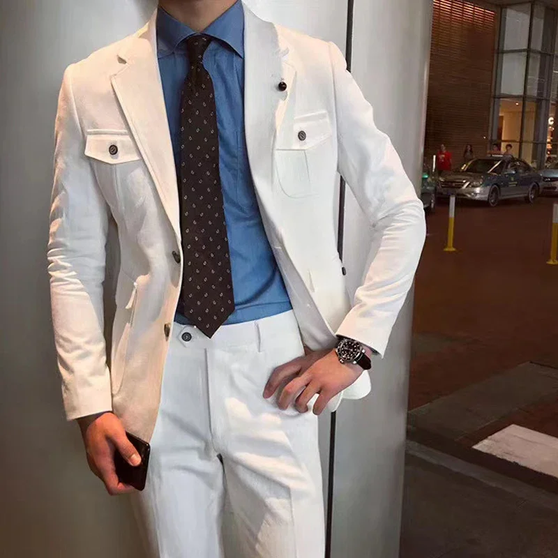 White Tooling Suits for Men 2 Pieces Slim Fit Wedding Groom Tuxedo Notched Lapel Costume Homme Man Blazer Set