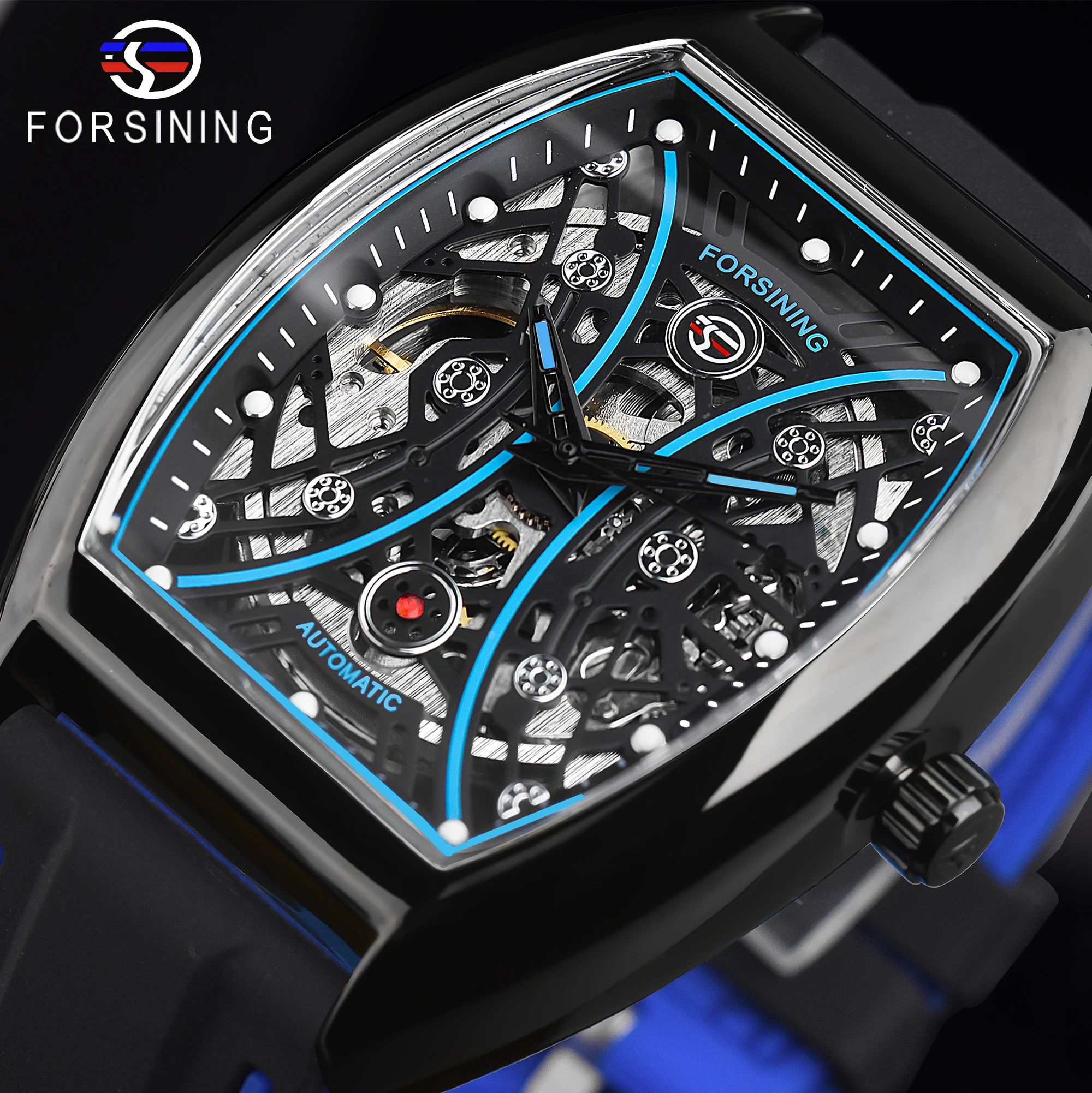 

Forsining Skeleton Self Wind Blue Wristwatch Men Mechanical Military Watch Fashion Rectangle Man Automatic Watches Reloj Hombre