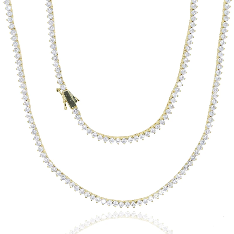 Iced Out Bling Zircon 3mm Tennis Chain Necklace 3 Prong Gold