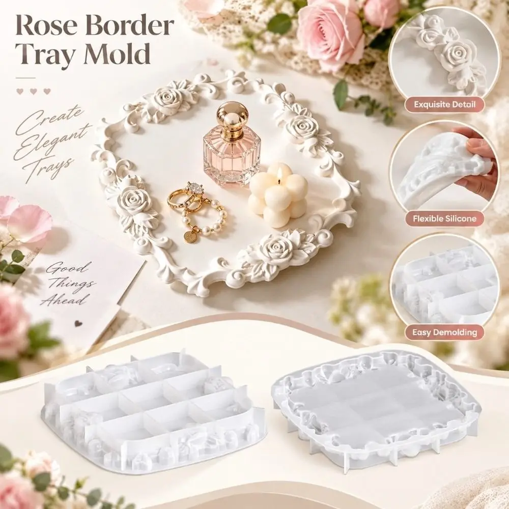 Flexible Silicone Rose Lace Tray Silicone Mold Reusable Detailed Relief Epoxy Resin Casting Mold Rose Lace Edge Easy Release