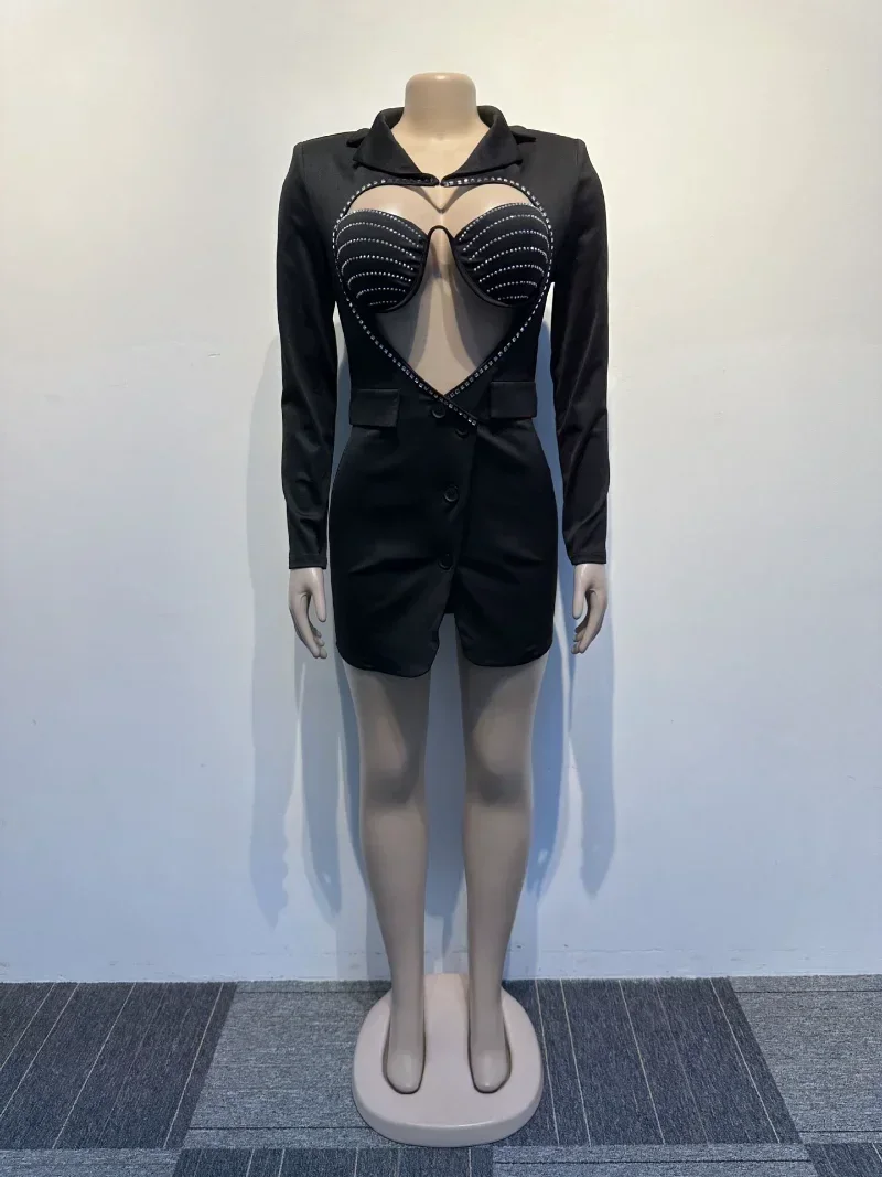 GUWU-Robe mi-longue découpée en biscuits avec soutien-gorge, blazer en cœur, haut de style blazer, robe de soirée sexy, même les femmes, robes en diamants, chaud