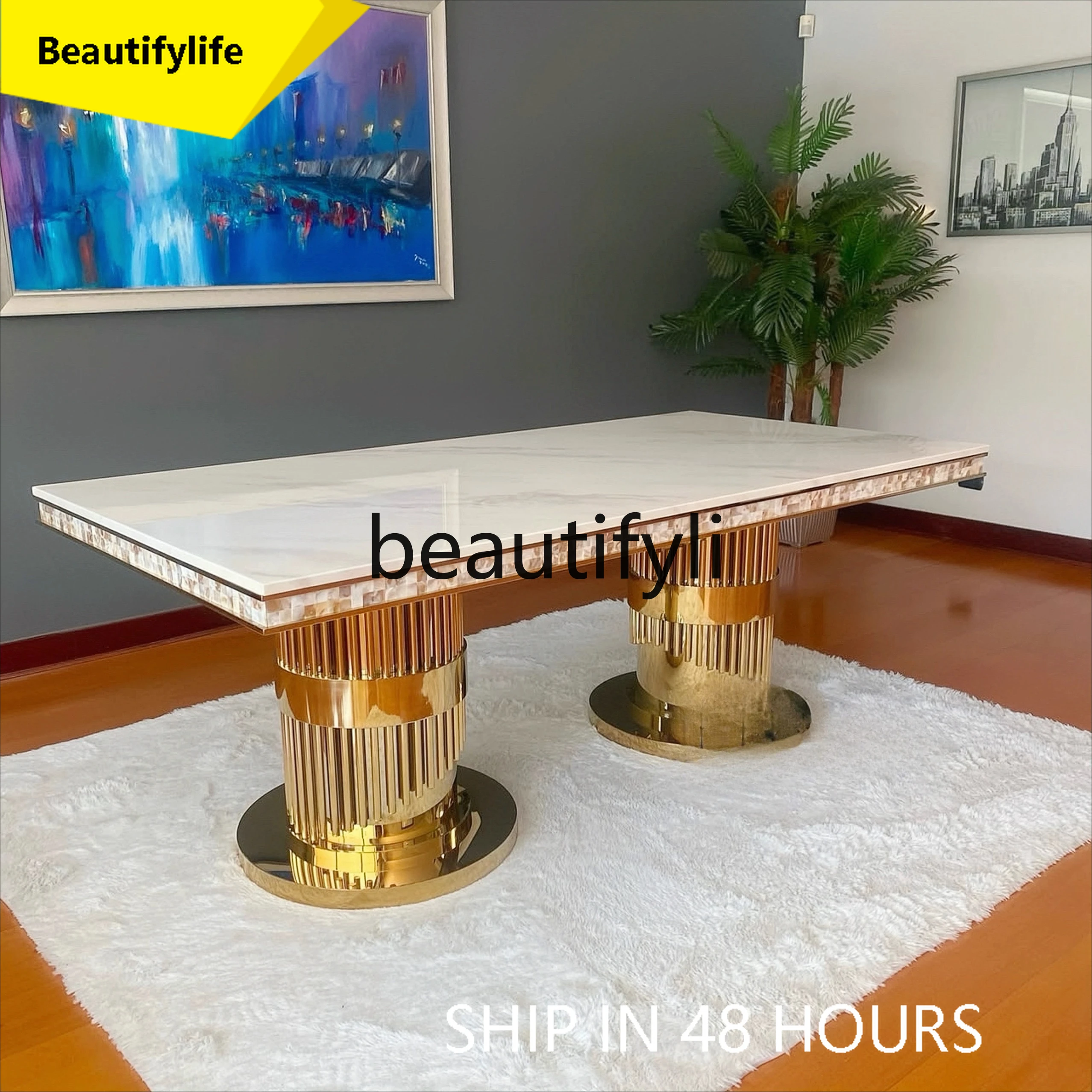 

6239 Light Luxury Stainless Steel High-End Dining Table Modern Simple Home Use Marble Rectangular High-End Dining Table