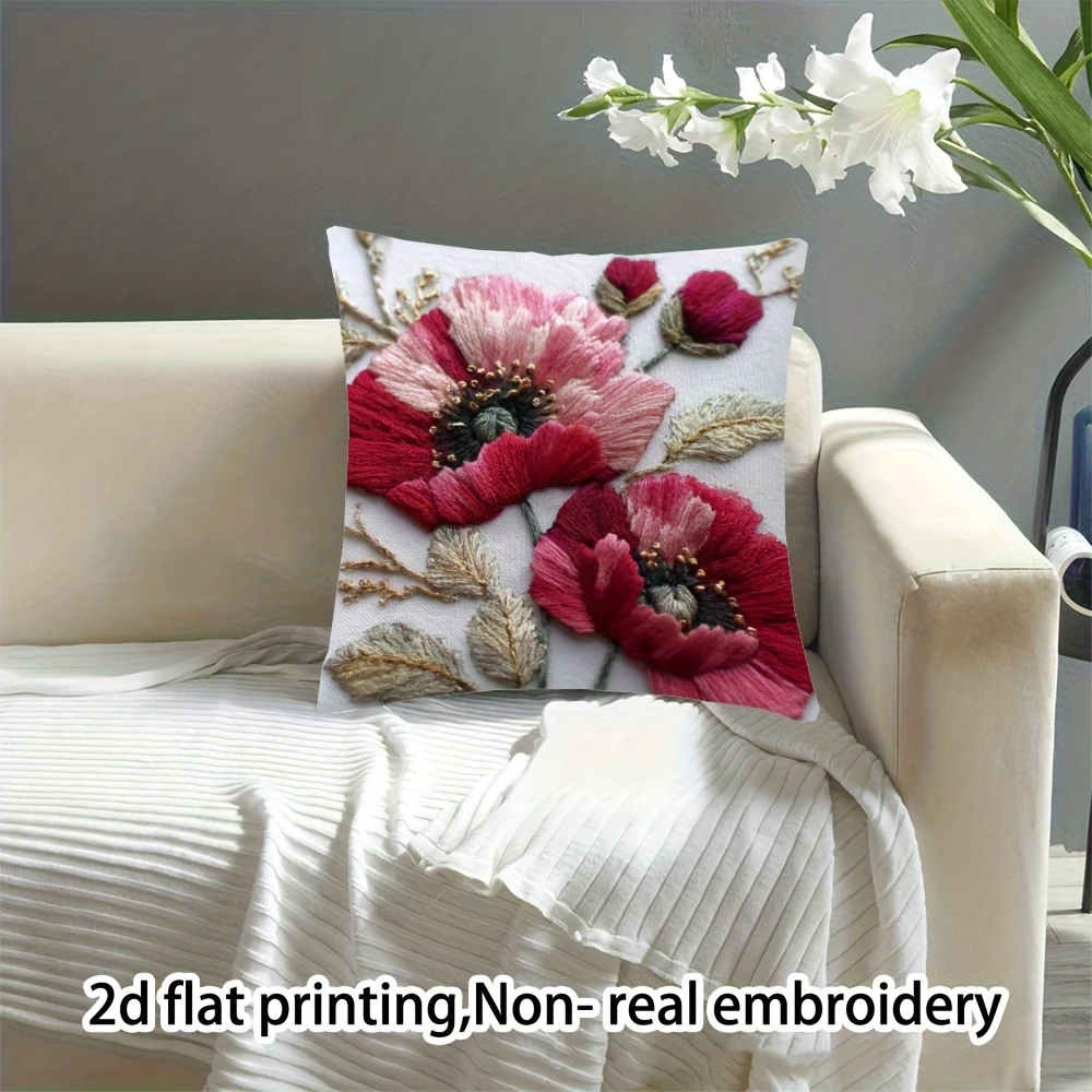 Poppy Faux Embroidery Pillow Cover 2D Floral Print Vintage Botanical Cushion Case for Sofa Bed Couch Boho French  Home Decor