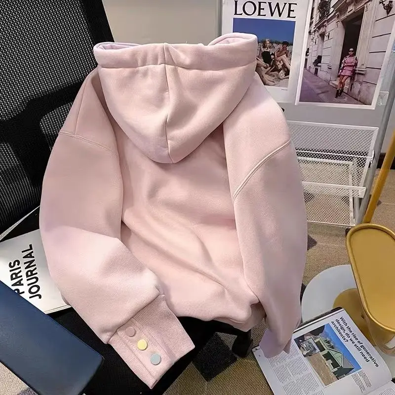 Pink Cartoon Embroidered Hooded Sweatshirt for Women Autumn Winter New Style Velvet Thickened Outer Wear Loose Warm Top Jacket