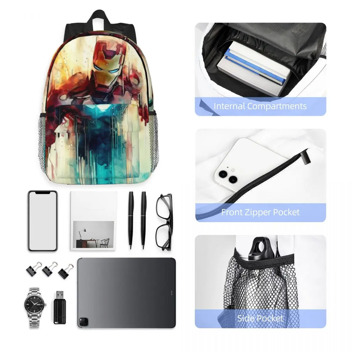 Mochila compacta Iron Man de 15 polegadas – Bolsa leve e elegante, perfeita para estudantes e viajantes