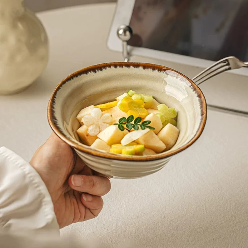 Retro Irregular Shape Japanese Style Ceramic Bowl Thickened Thread Ramen Dessert Salad Serving Bowl Daily Household Tableware