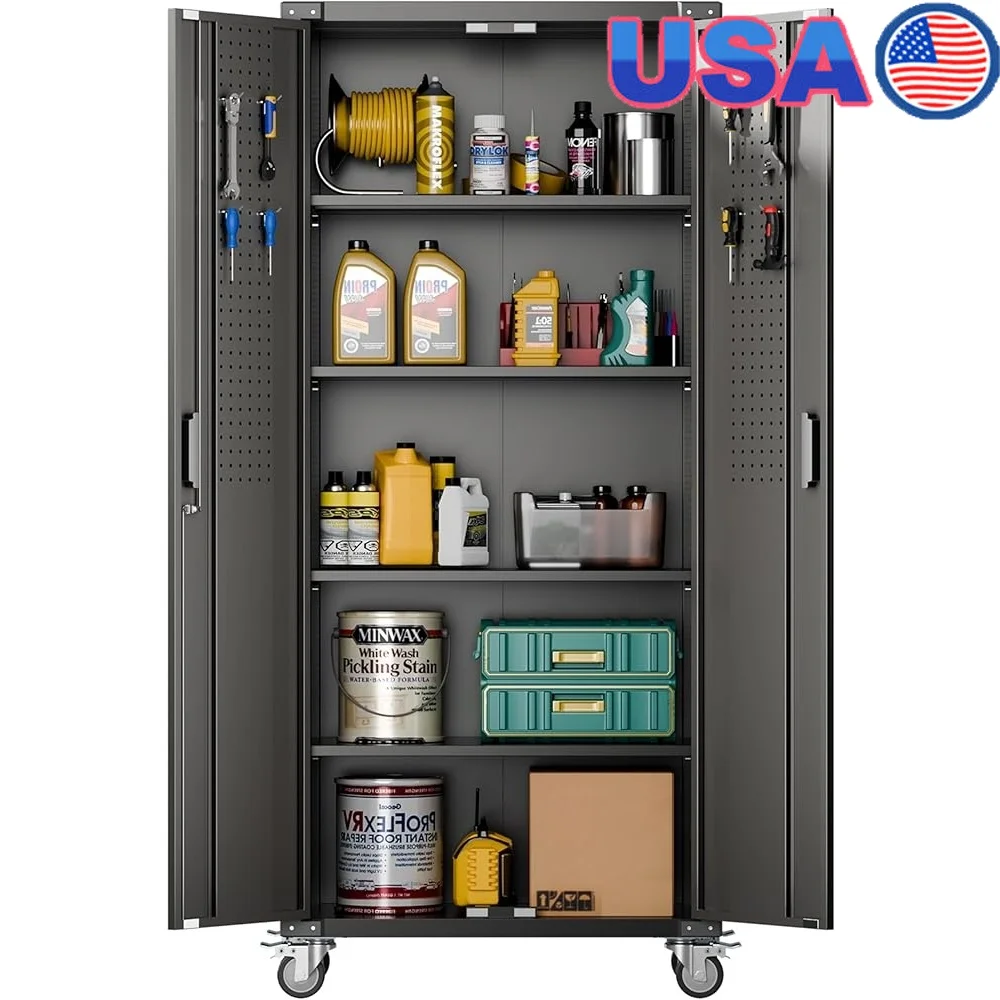 

72Inch H Garage Storage Cabinet with Wheels Lockable Metal Cabinets Adjustable Shelves Easy Assembly Home Office Organization