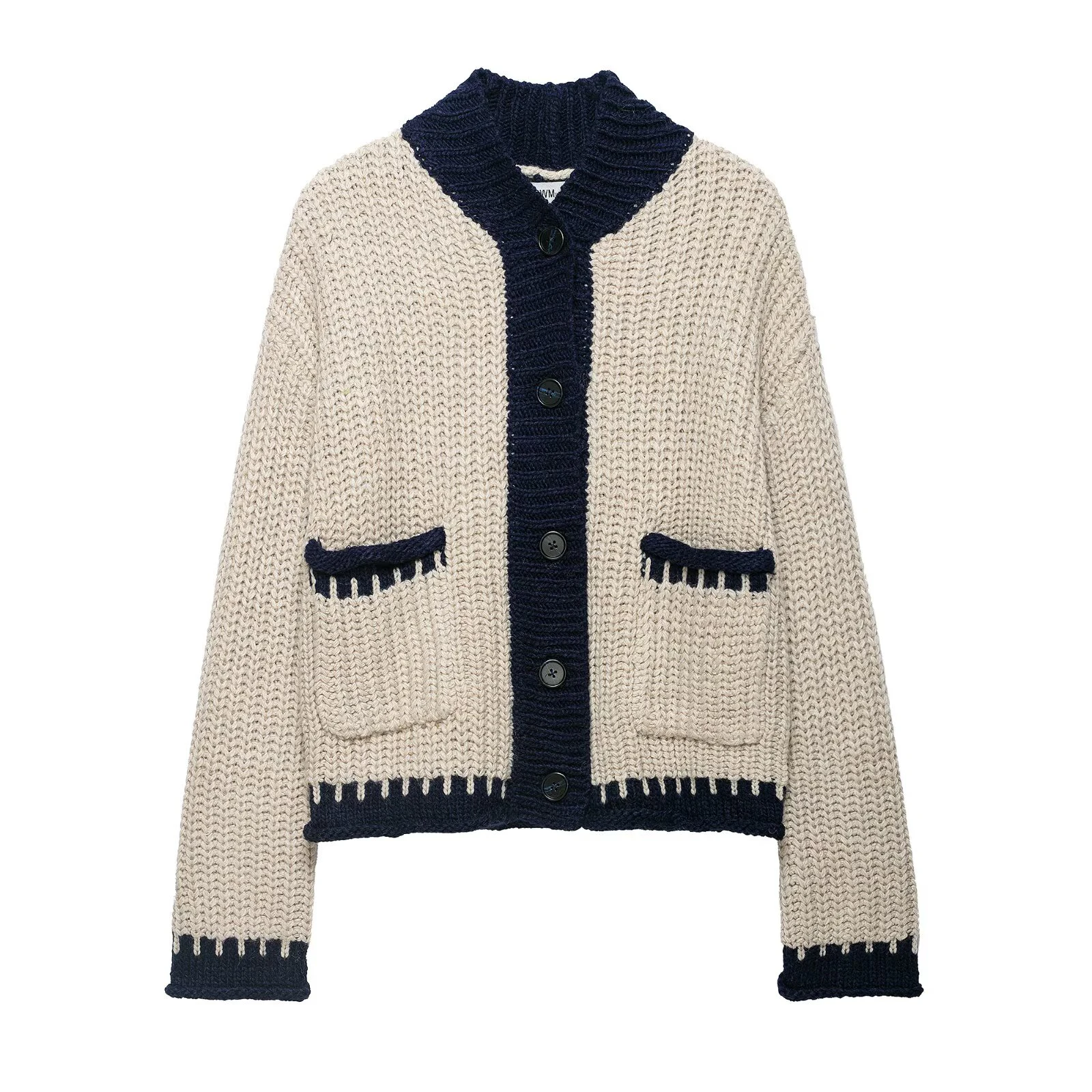 European and American style 2026 autumn new product women's long sleeved high neck contrasting pocket knitted jacket