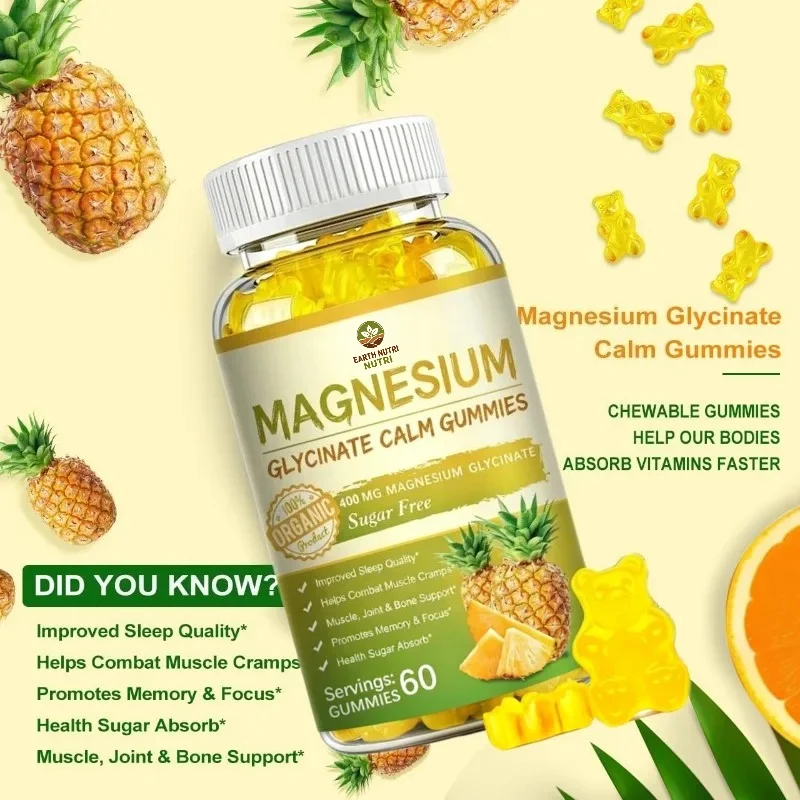 400mg Magnesium Glycinate Gummies Containing Taurine, Vitamin D, B6, Coenzyme Q10, Magnesium Malate  60 Gummies