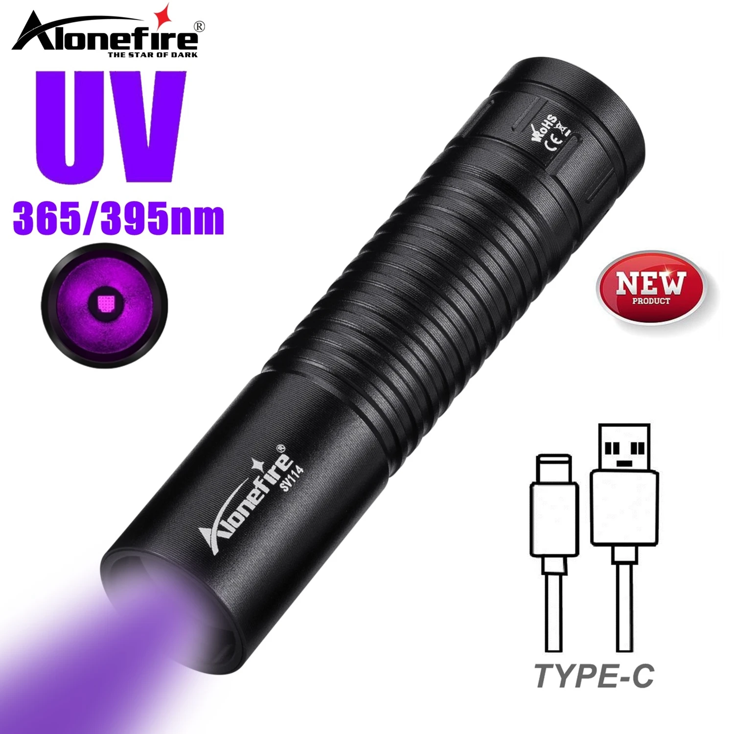 

395/365nm UV Flashlight USB Rechargeable Mini Ultraviolet Nail lamp Torch Pets Urine Cat tinea Money Ore Marker Detection Light