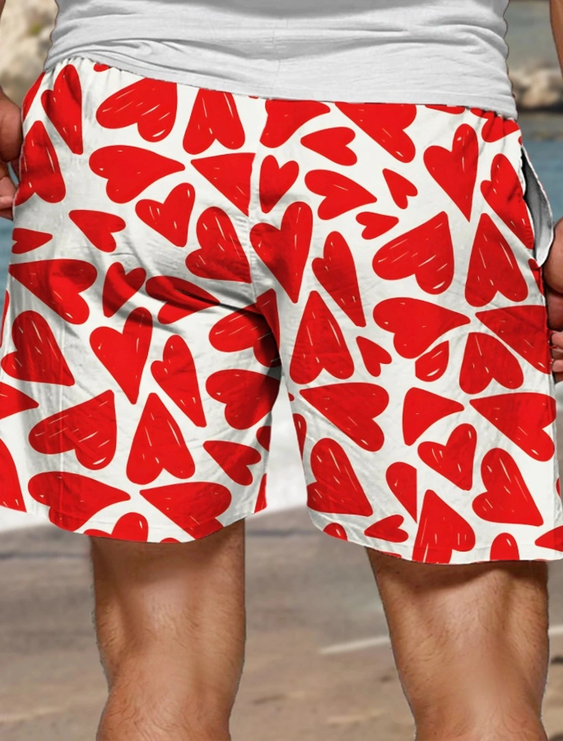 하트 프린트 남성용 보드 반바지 하와이 휴가 드로우 스트링 수영 서핑 반바지 여름 패션 비치 반바지 통기성 짧은 바지