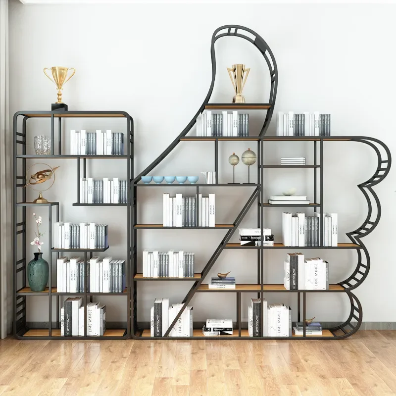 Nordic Wrought Iron Solid Wood Bookshelf Modern Floor Standing Bookcase for Home Office Study Room Kids Bedroom Storage Rack