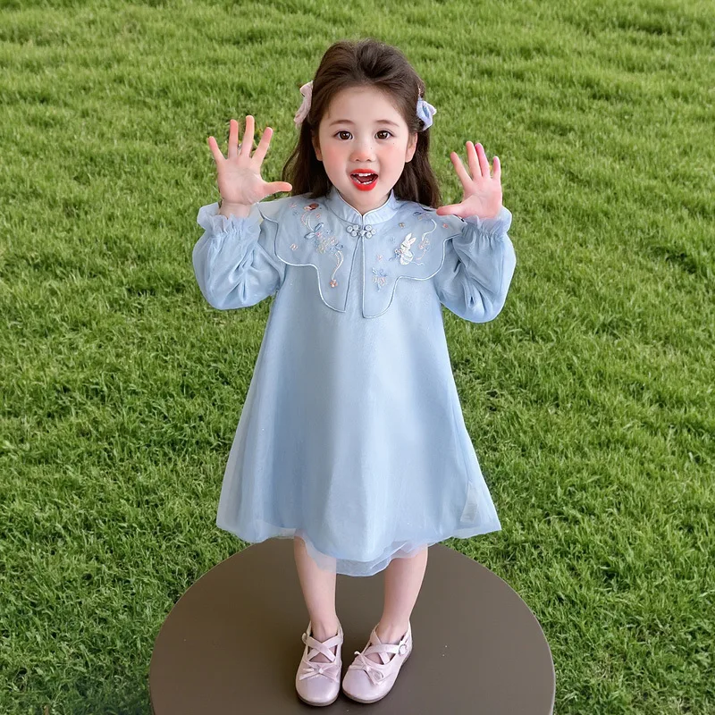 

Female Children's Ancient Style Embroidered Dress Spring and Autumn Edition2025New Style Trendy Princess Dress for Baby Girls wi