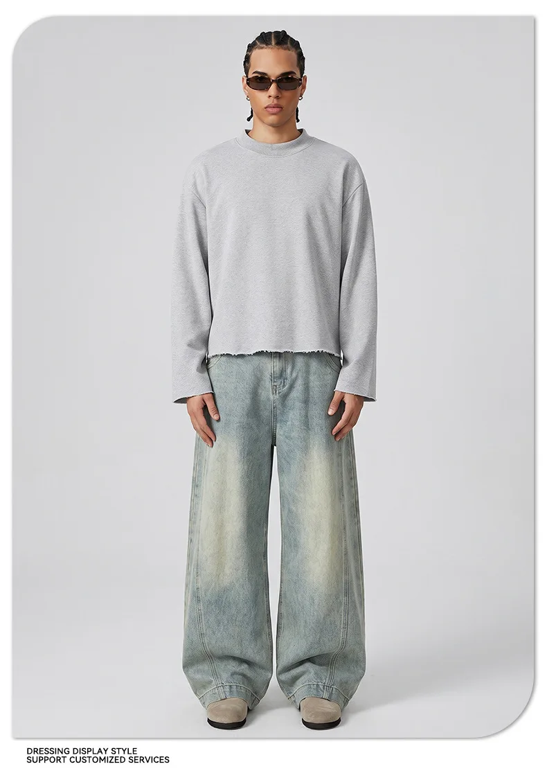 Heavy Autumn and Winter Solid Color Sweater Men's Hem Rough Edge Retro Semi-turtleneck American Pullover Sweater
