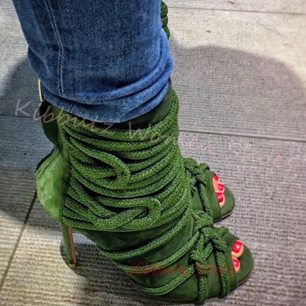 Sandal Ankle Boots Stretchy Rope Wrap Stiletto Heel Peep Toe Sexy Fashion Women Suede Leather Shoes Nightclub Party Elegant Sexy