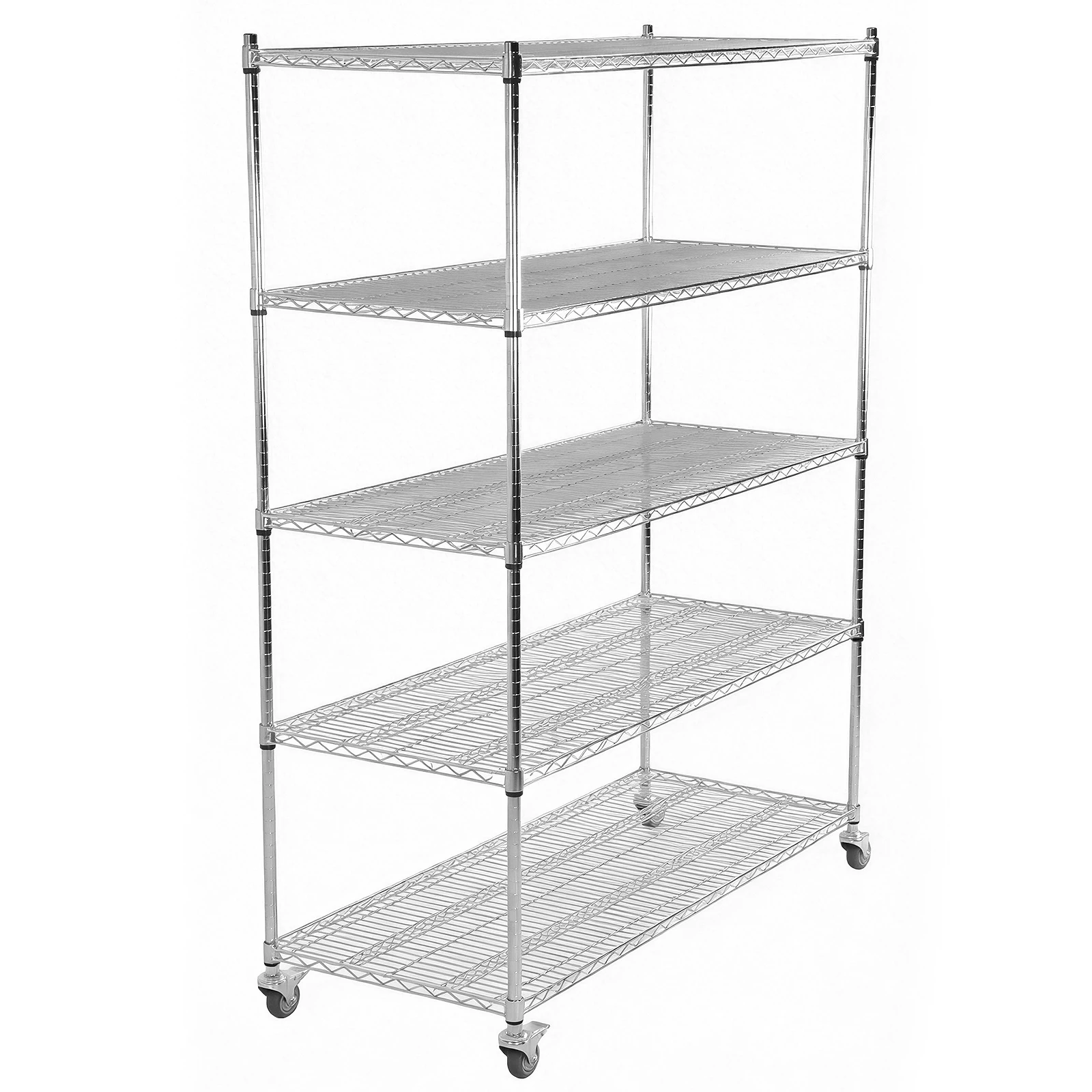 

5-ярусный регулируемый металлический стеллаж из нержавеющей стали на колесах, сверхпрочный коммерческий стеллаж для кухни, кладовой, гаража
