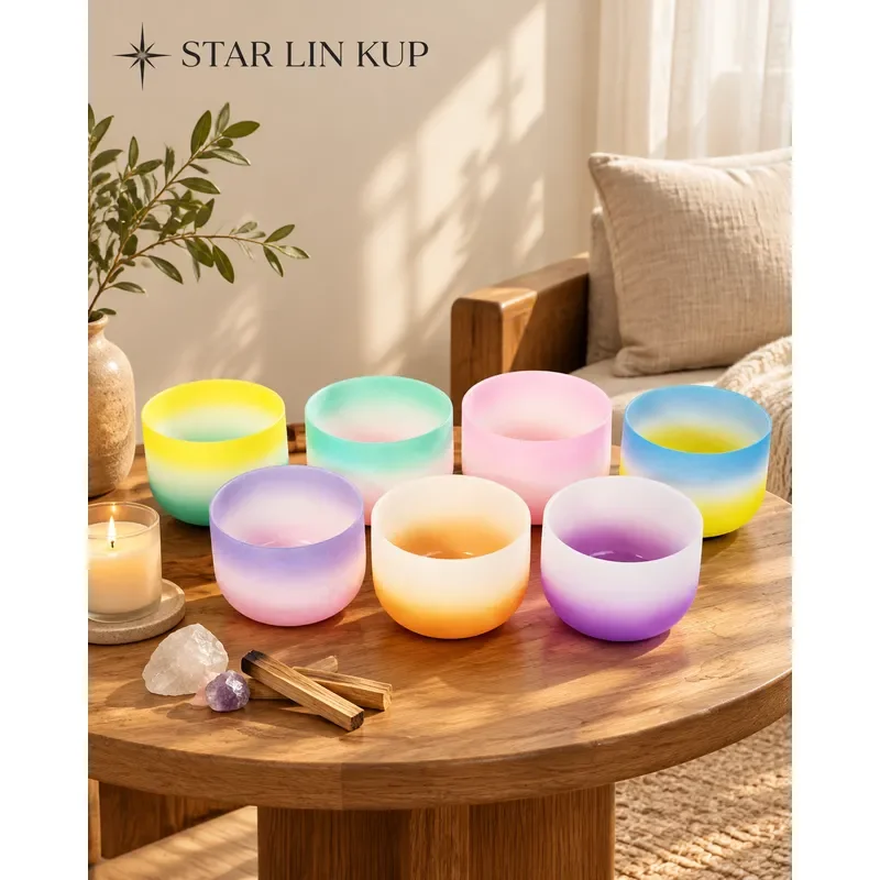 STAR LIN KUP 8 Inch Frosted Quartz Crystal Singing Bowl Candy Colored Chakra Sound Healing Instrument with Mallet for